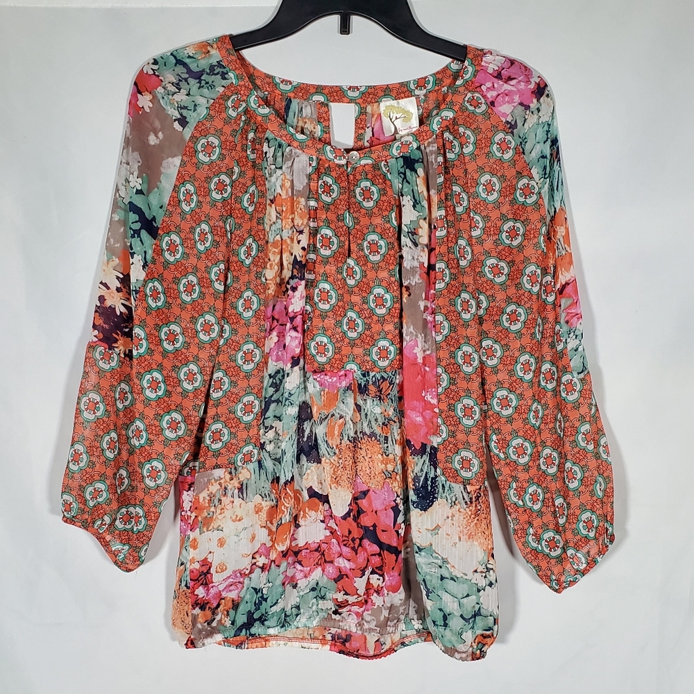 ANTHROPOLOGIE FIG AND FLOWER RED BLUE BOHO FLORAL PAISLEY BLOUSE